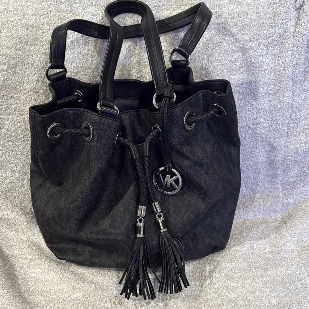 Michael Kors Black Shoulder Bag with Tassels and Drawstring
